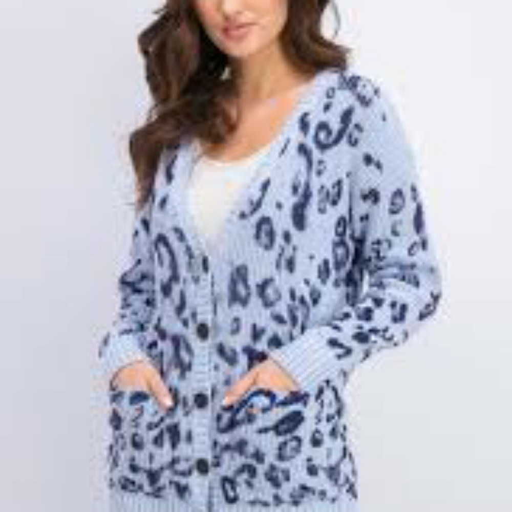 525 America Blue Leopard Chunky Rib  Knit Cardigan Size M